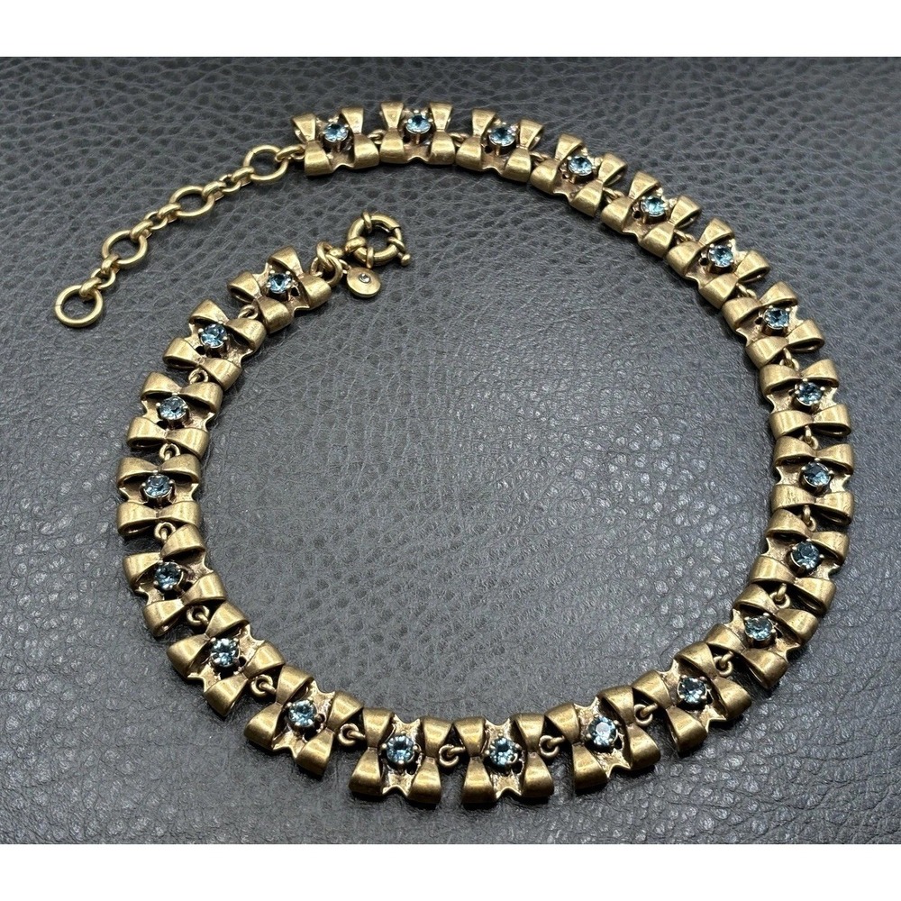 J.Crew Bow Link Necklace Blue Rhinestone Crystal Choker Gold Tone 17"